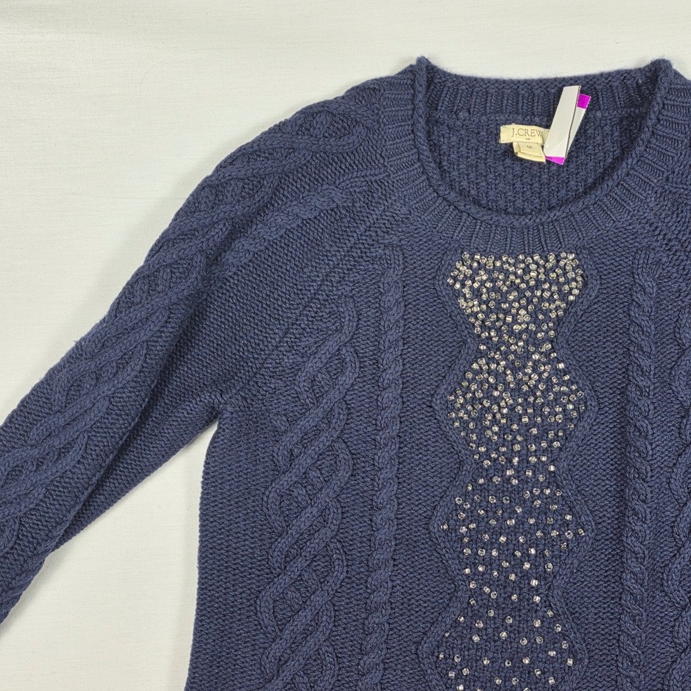 J.Crew Factory Sweater Womens‎ Medium Merino Wool Navy Blue Beaded Cable Knit - Picture 2 of 16